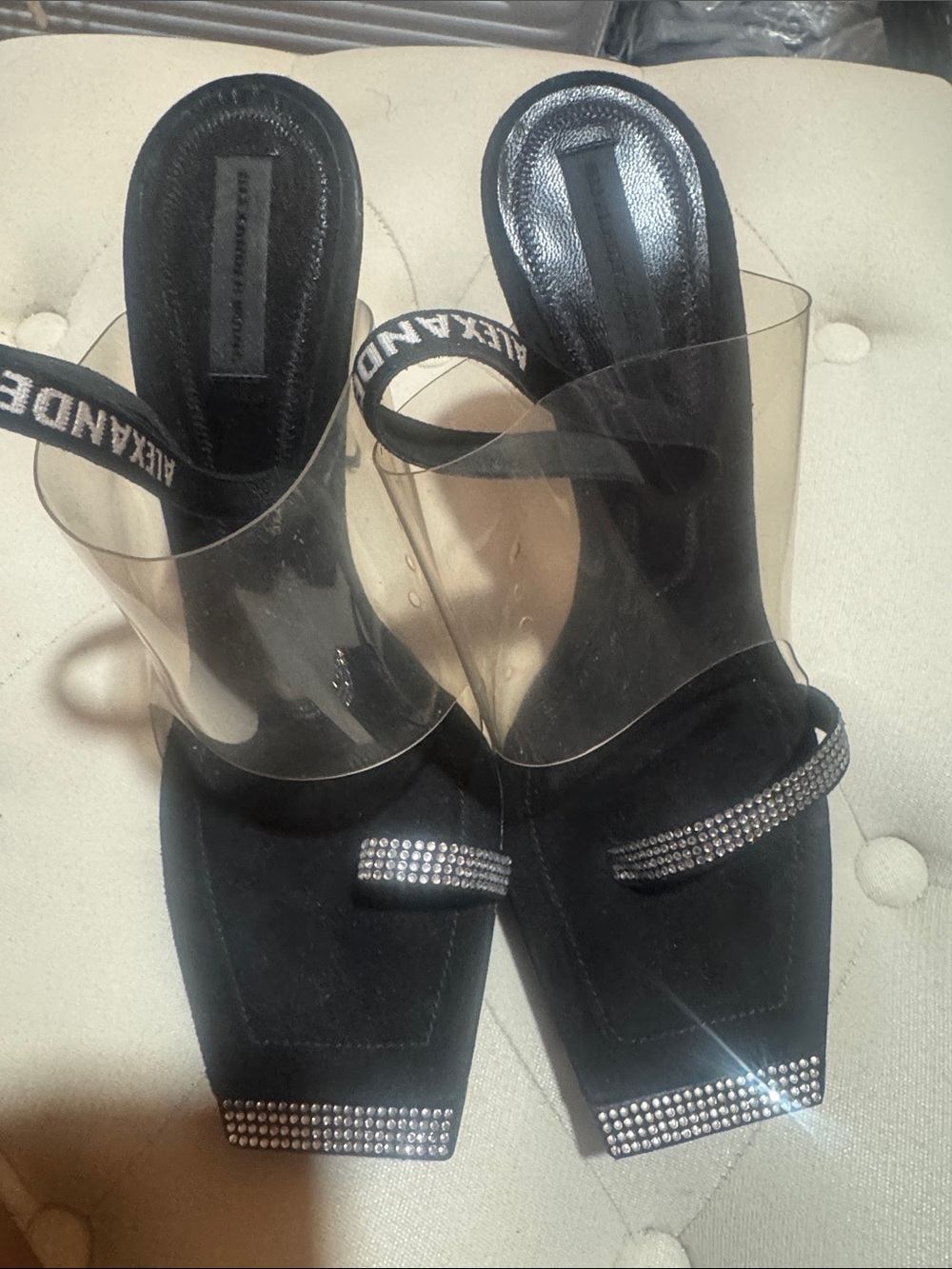Alexander Wang Black Suede & Clear Rhinestone Strap Heeled Slides